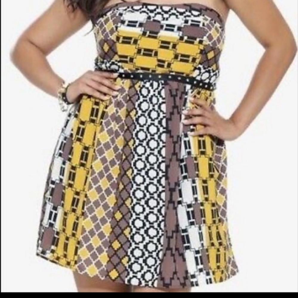 Torrid womens strapless halter short mini dress gold brown geo lined size 26
